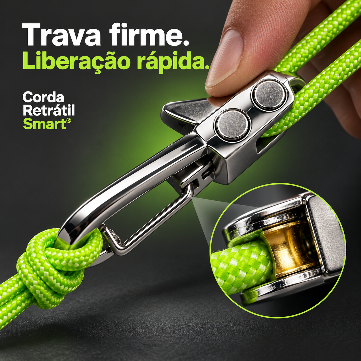 Detalhe da trava metálica da Corda Retrátil Smart